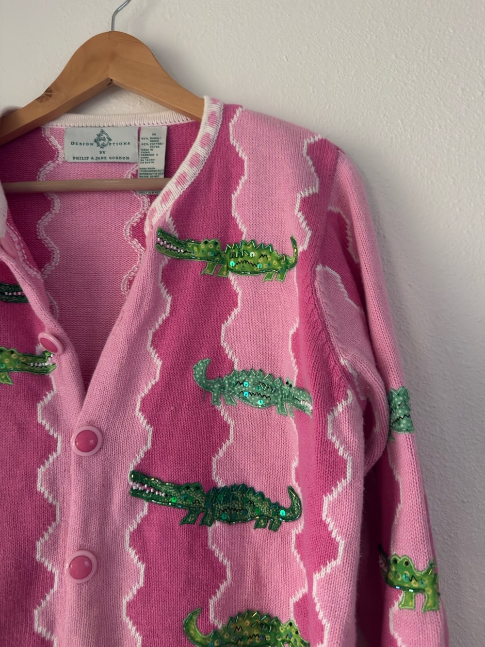 Vintage Design Options Alligator Pink Green Beaded Embroidered Art Wear 90s M - Picture 5 of 12